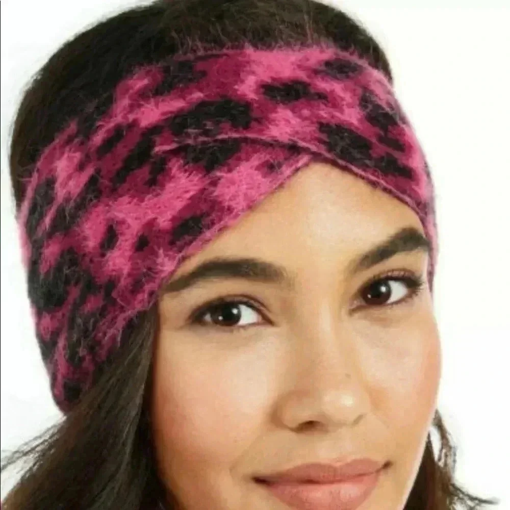 DKNY Women’s Fuzzy Animal Print Twisted Headband Hot Pink Black